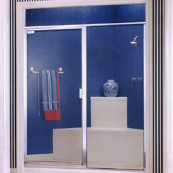 Schicker Diamond Certified Report 4 glass shower enclosure with blue tile