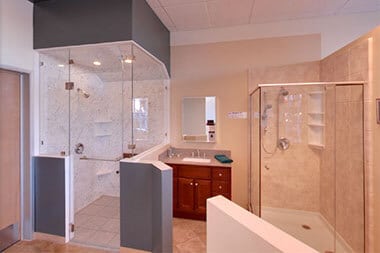 Schicker Luxury Shower Doors Showroom Models glass shower doors on display in schicker showroom