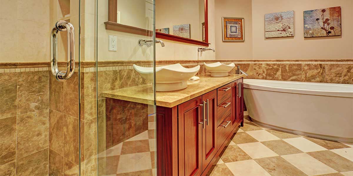 luxury bathroom with checkerboard floor pattern