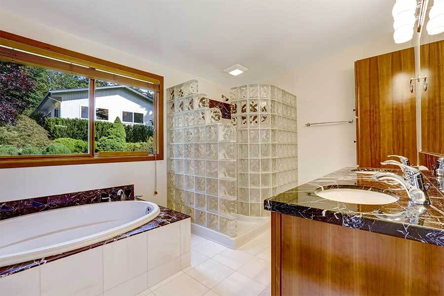 bathroom design with glass cube pattern shower enclosure
