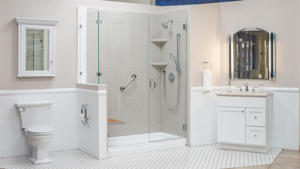 frameless shower door stainless hardware all white bathroom