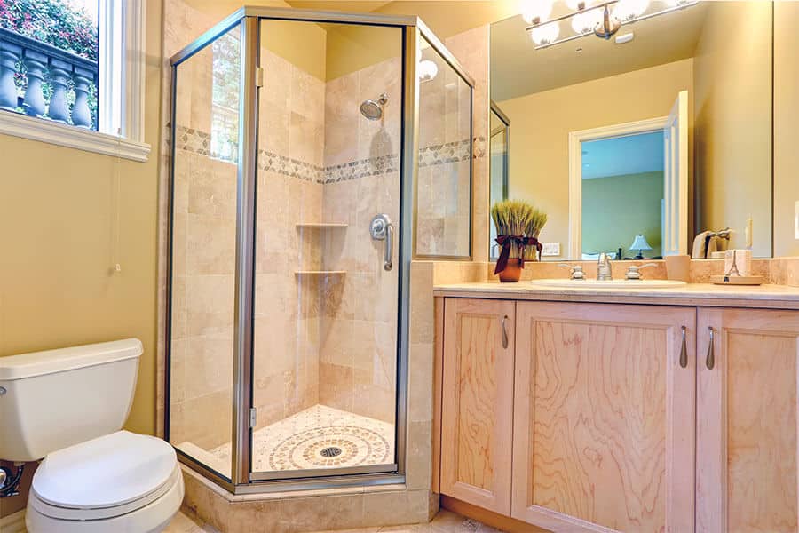 framed corner shower neo-angle enclosure with hinged door