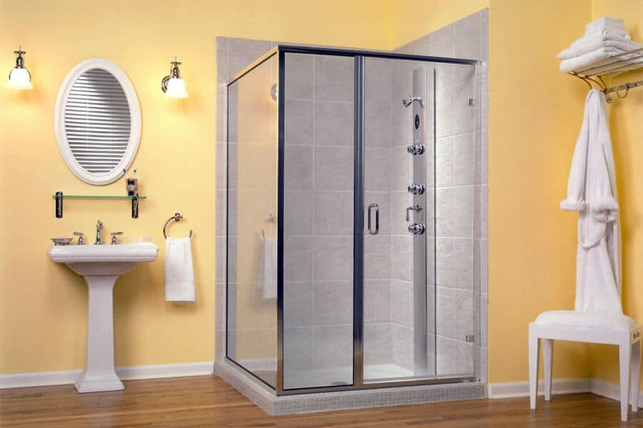 framed shower enclosure with pivot door