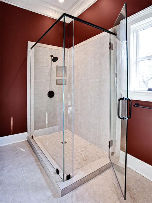 corner semi-frameless shower enclosure with hinged door