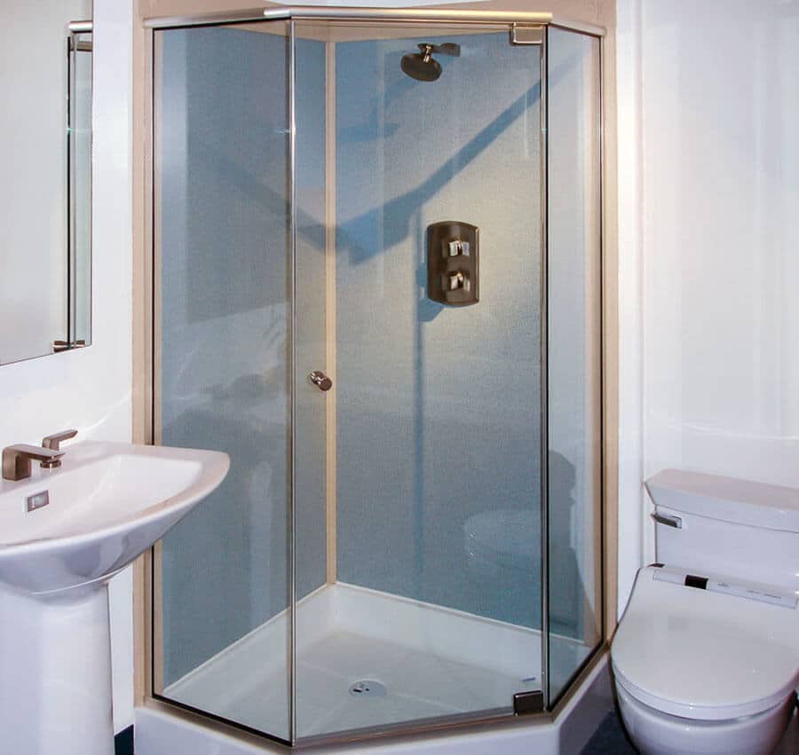 corner neo-angle shower door with brass frame