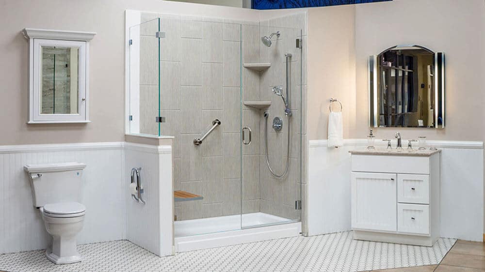 all glass frameless shower door in modern white bathroom