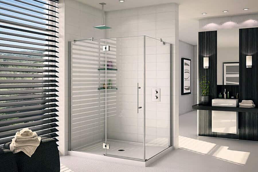 luxury bathroom with corner rectangular frameless shower door