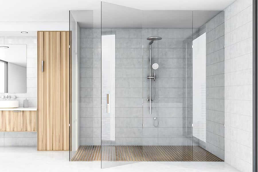 sleek modern walk-in frameless shower with easy access for physically challenged individuals